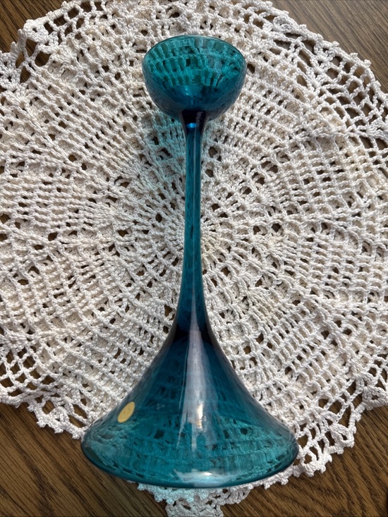 WMF Germany Teal Art Glass Trumpet Candlestick Vase MCM Ikora Style - Picture 3 of 4